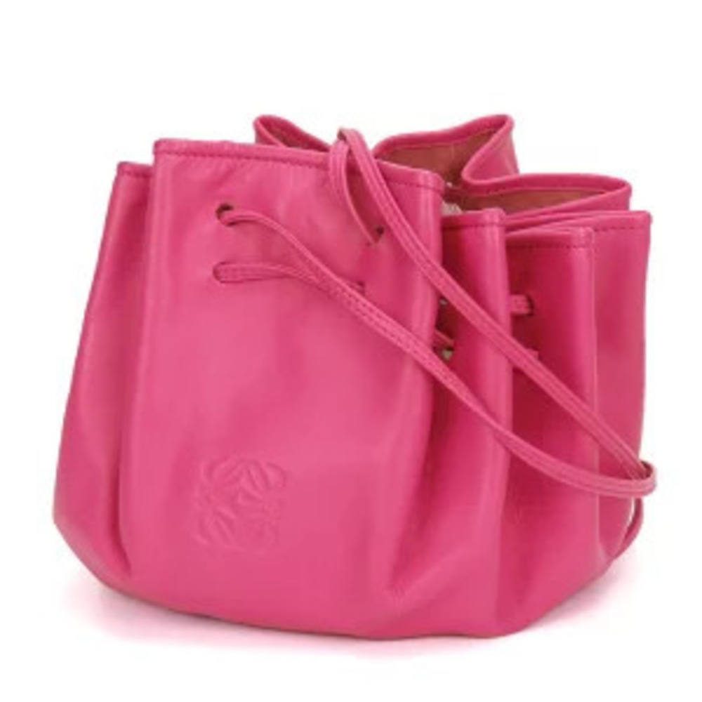 Loewe Anagram Pouch Nappa Bag Leather Shoulder Drawstring Pink